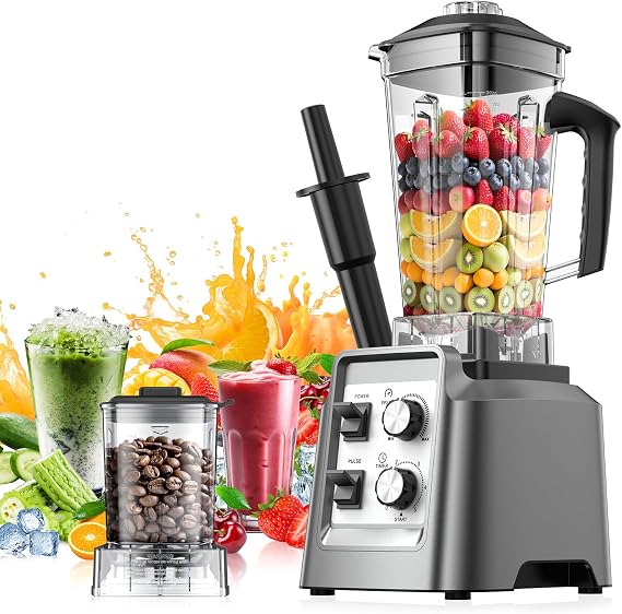 Blender, 1800W Blender with Grinder - 6-Blade Professional Smoothie Blenders for Kitchen, Crushes Ice, Self-Cleaning, Jars Dishwasher Safe, for Baby Food, Nut Butter (Black, L)