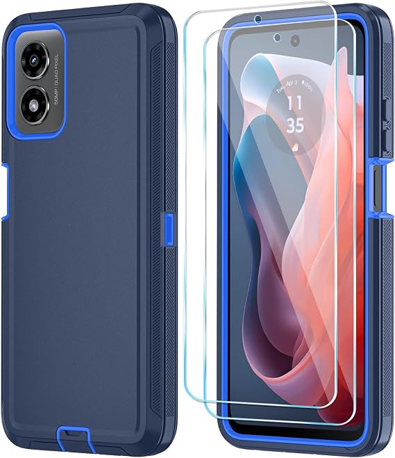Qinmay Phone Case for Motorola Moto G Play 2024 4G Case with HD Screen Protector, Heavy Duty Shockproof & Dropproof 3-Layer Cover Phone Case for Moto G Play 2024 (NavyBlue)