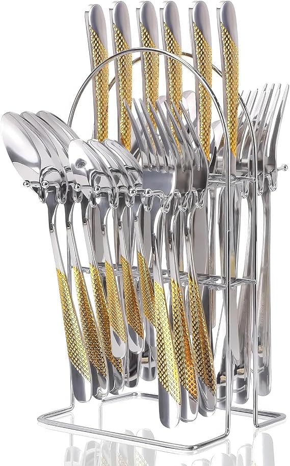 Gold Silverware Set, Caliamary 24 Pieces Flatware Set with Silverware Holder, Stainless Steel Knives and Forks and Spoons Cutlery Set Service for 6, Kitchen Utensil Tableware Set with Antiskid Handle