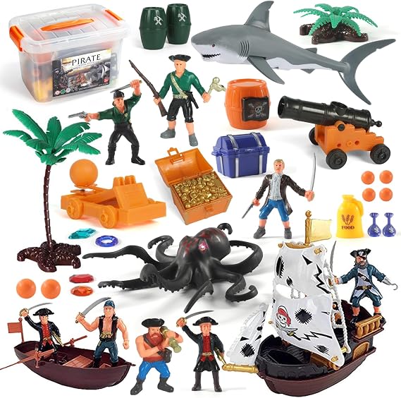 Pirate Action Figures Playset with Boat, Treasure Chest, Cannons, Shark, Pirate Ship Toys-Pirate Toy, 50 PCS Kids Pretend Adventure Set Figures, Birthday Gifts for Age 3 4 5 6 Year Old Boys Girls