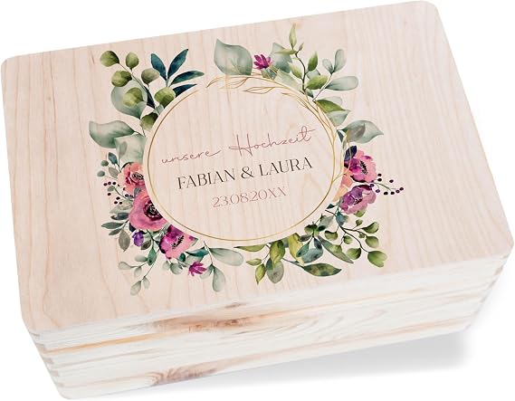 Wooden Box - Keepsake Box Our Wedding with Flower Wreath Personalised Wedding Gifts - 30 x 20 x 14 cm - Wooden - Wedding Gifts for the Couple Box Love Bride and Groom Wedding Memory Box