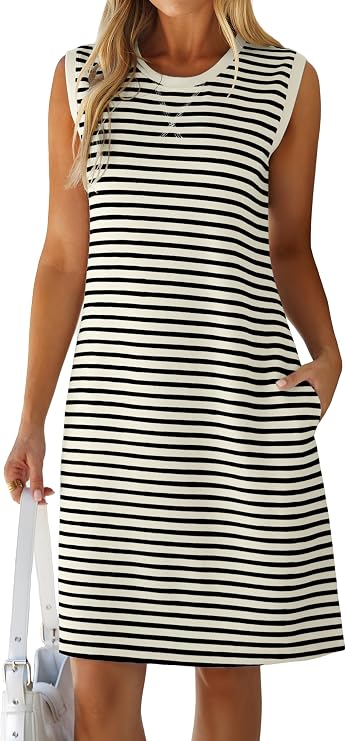 Glamaker Womens Summer Tshirt Dresses Casual Sleeveless Striped Shift Tank Short Sundress Boho Beach Vacation Outfits 2026