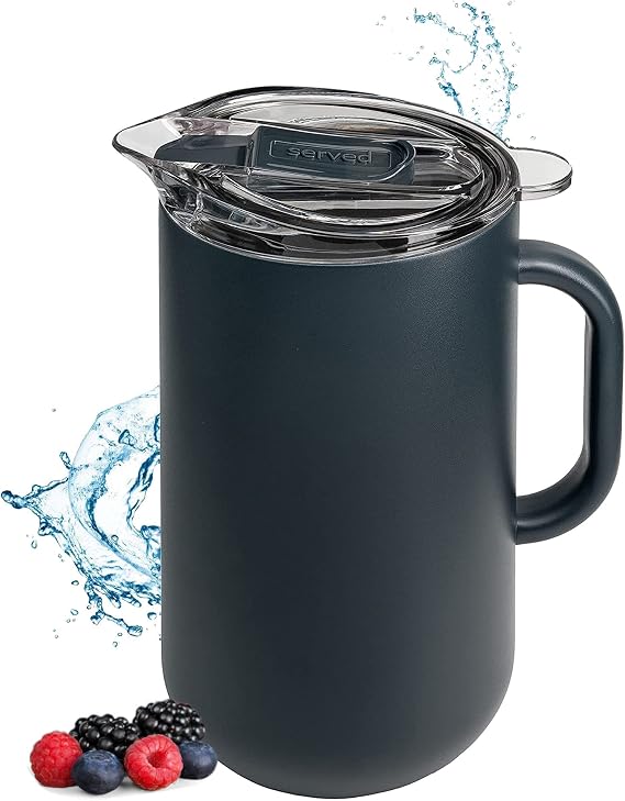 Served Premium Insulated Pitcher (2L/66oz) - Double Walled, Copper Lined Stainless Steel Pitcher with Lid - Vacuum Insulated Carafe for Hot Coffee, Tea, Iced Drinks, Water, Cocktails, and More