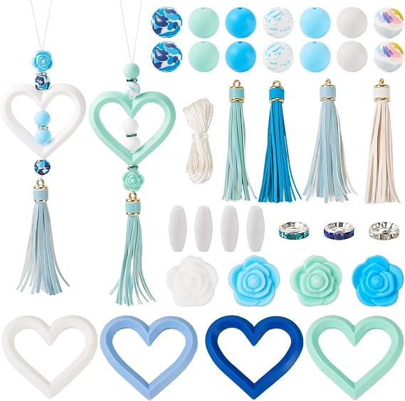 Silicone Beadable O Rings 65mm Heart Ring Silicone Focal Beads for Keychain Round Rose Focal Bead & Tassel Pendants for Women DIY Key Rings Car Charm Hanging Ornaments