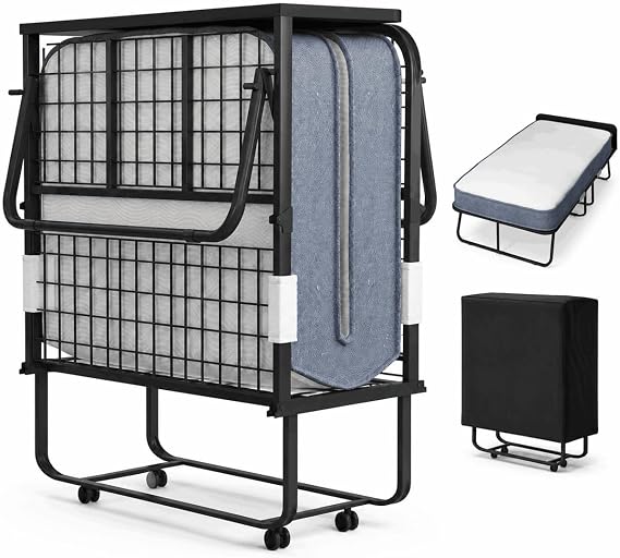 PUREMIND Folding Bed with 5 Mattress for Adults, Twin Size Rollaway Bed with Foam Mattress, Portable Foldable Guest Beds - Sturdy Metal Frame & Dustproof Bag, Hideaway, 75" x 31"