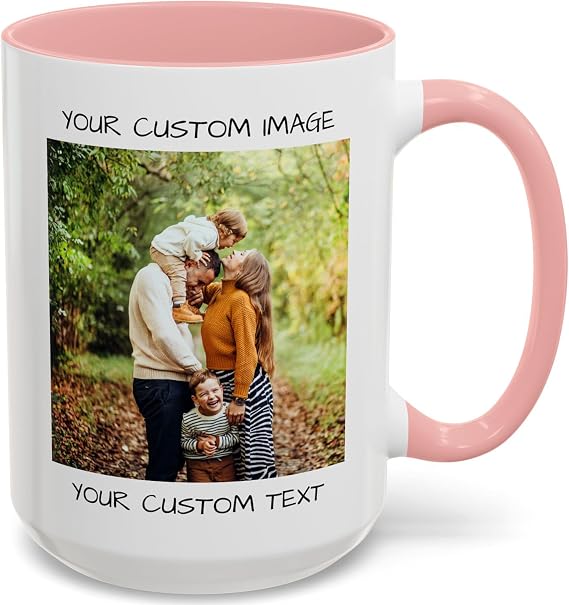 Personalized Coffee Mug Custom Photo, Text, or Logo Ceramic Mug Tea Cup | Taza Personalizada with Picture or Message | Customized Gift Idea for Men & Women, Mom, Dad, Friends - White/Pink | 15oz