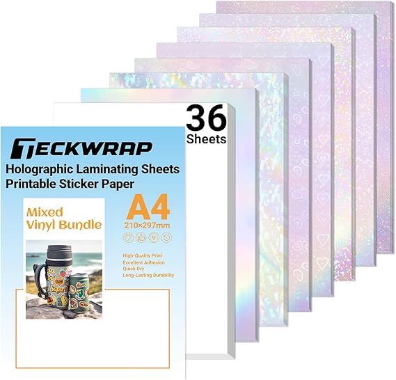TECKWRAP Sticker Paper for Inkject Printer Holographic Laminating Sheets Matte Inkjet Printable Vinyl 8.26" x 11.69" A4 36 Sheets Printer Paper Vinyl Stickers Waterproof Photo Paper