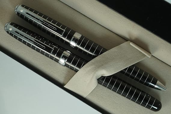 Sheaffer Signature Prelude Black Lacquer with Diamond cut Horizontal Line Engraving Pattern, Medium Point Fountain pen and Ballpoint set Pen