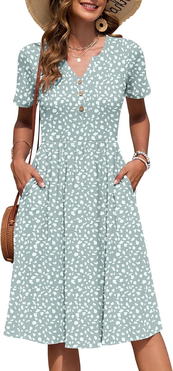 AUSELILY Women's Summer Short Sleeve Dresses with Midi Empire Causal V Neck Pleated Dress with Pockets