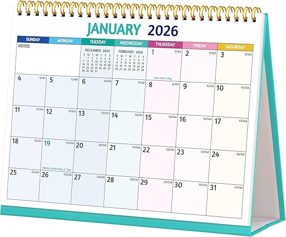 Desk Calendar 2026 - Standing Flip Desktop Calendar 2026, 12 Months Jan 2026 - Dec 2026, 11" x 8.5", Large with Notes, To-Do, Yearly Overview, Thick Paper, Great for Easy Planning - Multicolor