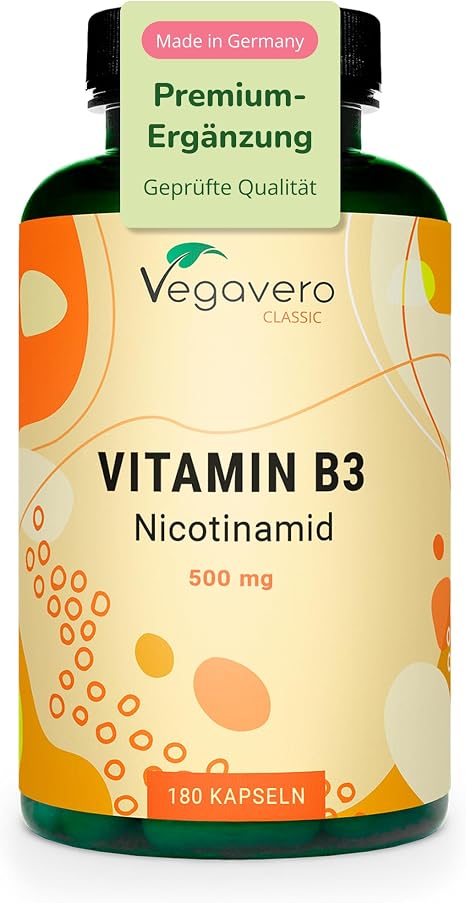 Vitamin B3 Niacin High Dose: 500 mg Nicotinamide 180 Capsules - 6 Month Supply Skin - Nerves - Energy * Flushfree Laboratory Tested Vegan - No Additives German Production by Vegavero