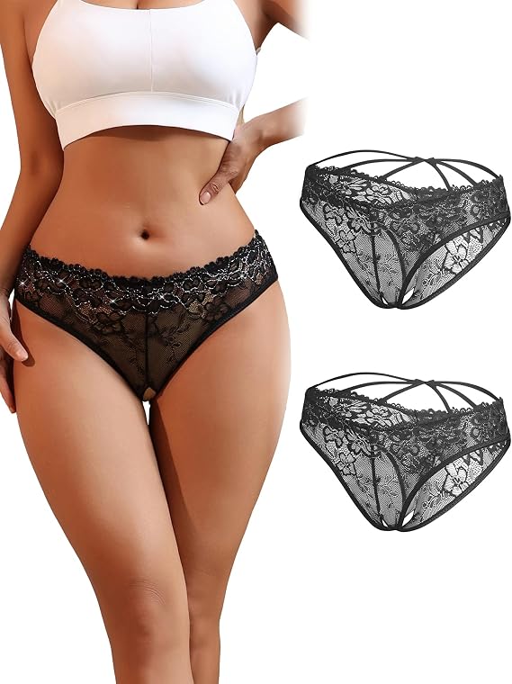 Women's Lace Cut Out Criss Cross Back Panties with Bow S-2XL