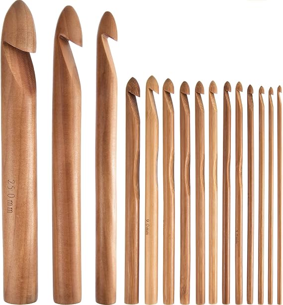 Hestya 15 Pieces Wooden Bamboo Crochet Hooks Set 3 to 25 mm Diameters