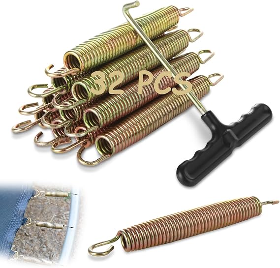 ABuff 32 Pack Trampoline Springs 6.5 Inch Heavy Duty Galvanized Steel High Tensile Trampoline Replacement Kit with T-Hook, Metal Trampoline Springs Tool, Trampoline Accessories
