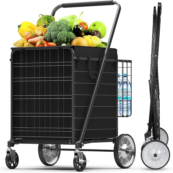 5.7 Cu Ft Folding Shopping Cart - 600 LB Capacity Grocery Cart with 360 Braked Swivel Wheels - Heavy Duty Utility Cart with Double Basket & Removable Waterproof Liner with Lid for Laundry