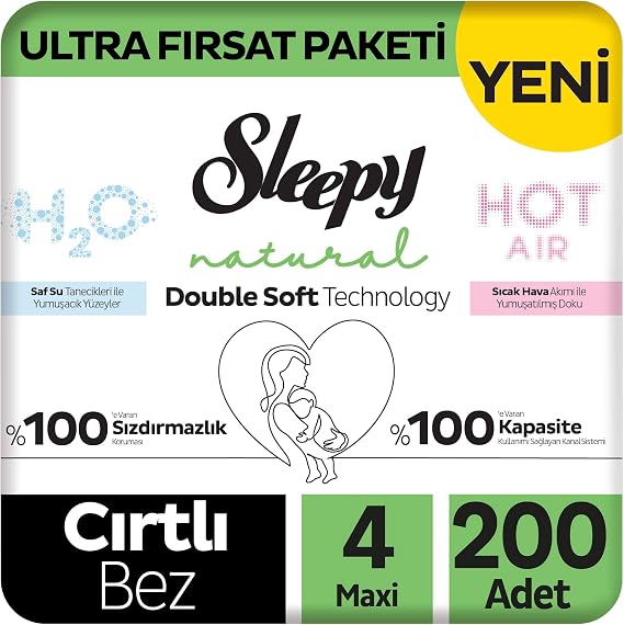 Sleepy Natural Double Soft Ultra Fırsat Paketi Bebek Bezi 4 Numara Maxi 200 Adet