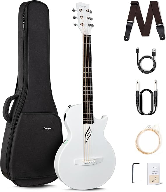 Enya Nova Go SP1 Acoustic | Electric Guitar - Carbon Monocoque Molded Mini Guitar with AcousticPlus Pickup, Includes Guitar Case and Guitar Strap White