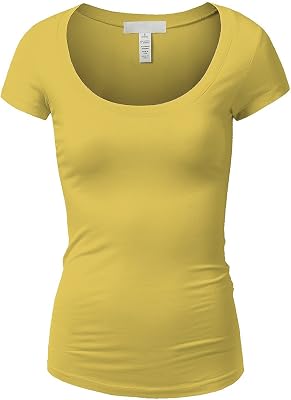 Active Basic Womens Plain Basic Deep Scoop Neck with Cap Short Sleeves - Yellow - Small