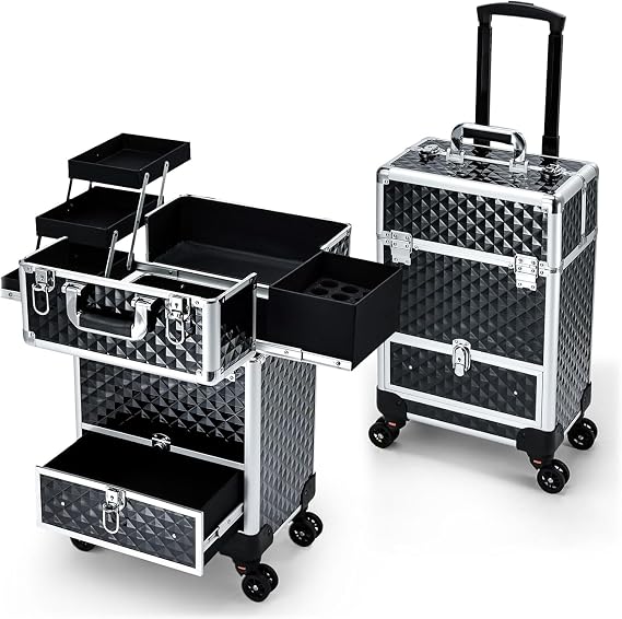 Makeup Trolley Vanity Case with Drawers Beauty Trolley on Wheels Makeup Case on Wheels Hairdressing Trolley Large Beauty Box Nail Technician Case Lockable, Black