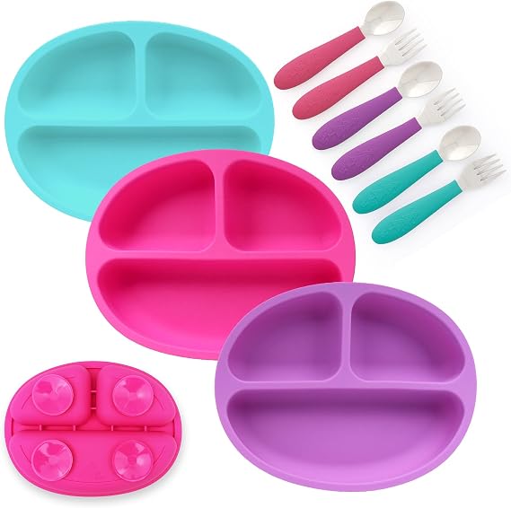 Elk and Friends Baby Silicone Divided Suction Plates + Cutlery Set | 9pcs