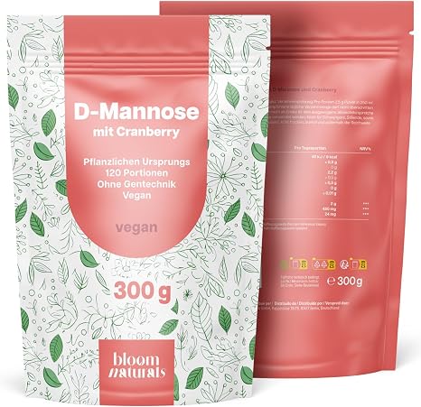 D-Mannose Powder with Cranberry - 300 g High Dose & Soluble in Water - 120 Days Supply Vegan Produced in Germany Laboratory Tested - Packaging May Vary
