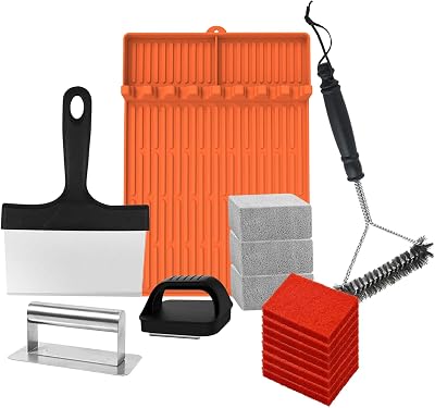16PCS Blackstone Griddle Cleaning Kit Complete Griddle Cleaning Kit with Stainless Steel Tools, Grill Stones, Scraper, Scouring Pads & Silicone Mat for Flat Top Grills
