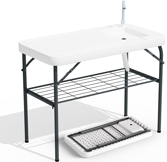 Fish Cleaning Table with Sink Heavy-Duty HDPE, Waterproof & UV-Resistant, Portable Outdoor Sink with Hose Hook Up for Camping, Picnic, Backyard with Grid Rack