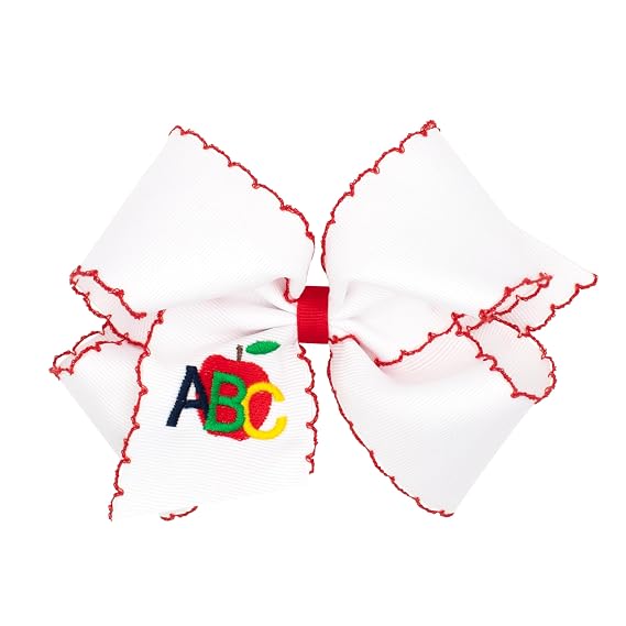 Wee Ones Girls Back to School Embroidered Moonstitch Edge Grosgrain Hair Bow, Pencil, School Bus, ABC, or Pencil Bow Design, Medium or King, on WeeStay No-Slip Clip