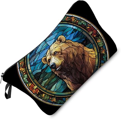 Stained Glass Bear Makeup Bag Brown Bear Cute Small Organizer Bag Zipper Pouch Stained Glass Design Bear Cosmetic Bag Present for Women Friends