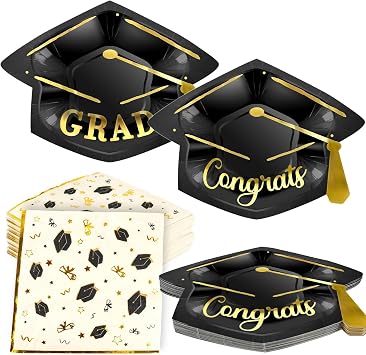 OuMuaMua Graduation Party Supplies Tableware Set,100Pcs Grad Cap-Shaped Paper Plates and Napkins For Class of 2026 College High School Congrats Graduation Party Decorations Favors, Serve 50