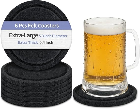 BXI 5.3 Inch Large Felt Coasters for Drinks, 6 Pcs 0.4 Thick Black Absorbent Cup Mats, Soft Silent Table Insulation Mug Placemats, Non-Stick Housewarming Gift Pads Coffee Trivets for Desk Bar