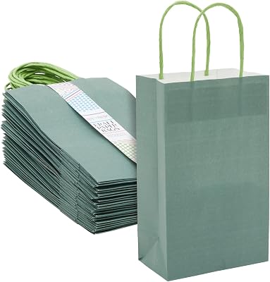 BLUE PANDA 25-Pack Dark Green Gift Bags with Handles, 5.5x3.2x9-Inch Paper Goodie Bags for Party Favors and Treats, Birthday Party Supplies