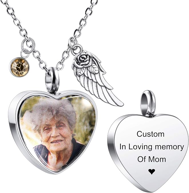 MeMeDIY Personalized Angel Wing Pendant Heart Urn Necklace Engraving Photo/Name for Men Women with Birthstone Stainless Steel Pet Human Ashes Holder Memorial Keepsake Cremation Funnel Kit
