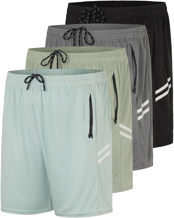 4 Pack Men's 7" Mesh Shorts Athletic Workout Gym Basketball Zipper Pockets