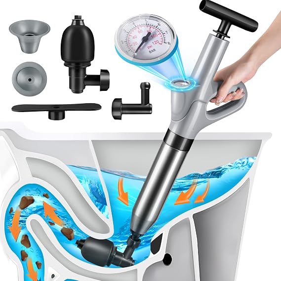 Stainless Steel Toilet Plunger, Air Drain Blaster, Drain Clog Remover Tool, High Pressure Drain Blaster Gun with Visual Barometer, Suitable for Sink, Bathroom, Kitchen, Toilet, Shower, Clogged Pipe