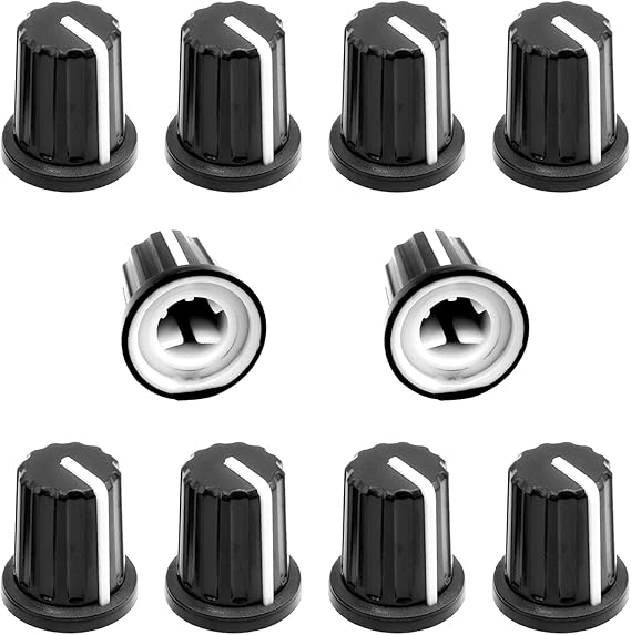 10Pcs 6mm D Type Potentiometer Control Knobs, Plastic Volume Audio Mixer Bass Tone Rotary Knob, for Encoder Electric Guitar Speaker Board DJ Controller Console Control Knob Replacement,Black,16 x 18mm