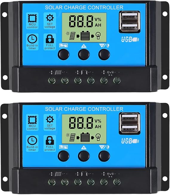 ACEIRMC 2pcs 30A Solar Charge Controller 12V/ 24V Solar Panel Charge Controller Intelligent Regulator with 5V Dual USB Port Display Adjustable Parameter LCD Display and Timer Setting ON/Off Hours