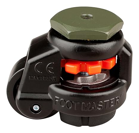 FOOTMASTER GD-40S-BLK Nylon Wheel and NBR Pad Leveling Caster, 110 lbs, Stem Mounted with 0.315" Mounting Hole Diameter, Black Finish