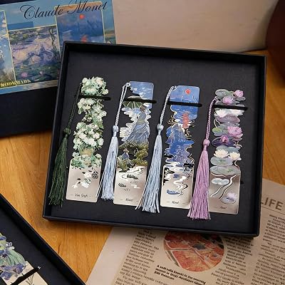 4 Pcs Metal Bookmarks with Tassel, Sliver Hollow Bookmark Oil Painting Theme Bookmark Art Bookmarks for Book Lovers Writers Readers Children Teens Men Women Adults Gift Box