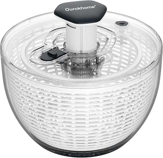 Ourokhome 6.3 QT Salad Spinner with Fully Removable Lid, Large Lettuce Dryer with One-Hand Press Pump, Instant Stop Brake Button and Retractable Handle, Vegetable Washer & Spinner for Greens and Herbs