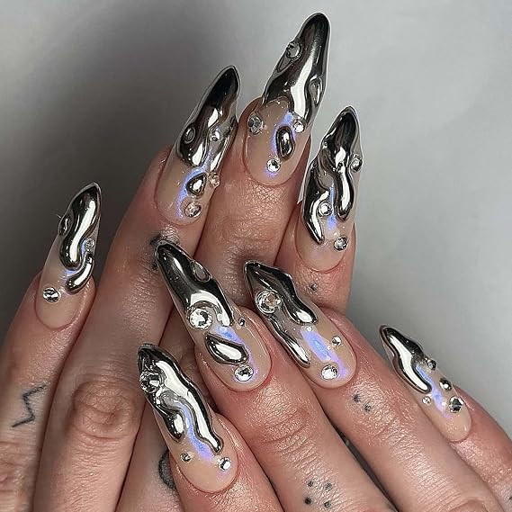 QQPPOLIU Press on Nails,Almond Fake Nails Medium Length with Silver Chrome Design False Nails for Women and Girls 24pcs