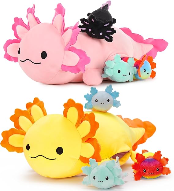 MaoGoLan Pink and Yellow Giant Axolotl Plush with Babies Inside,23.5" Large Ultra Soft Axolotl Stuffed Animals Throw Pillow-Squishy Stuffed Axolotl Plush Collection Gift for Axolotl Lover,Kids