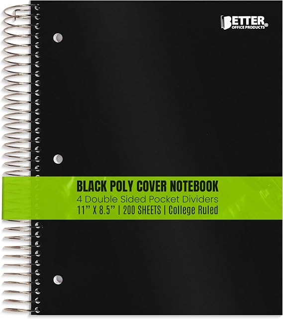 Better Office Products 5 Subject Spiral Notebook, Black Poly Cover, College Rule, 200 Sheets Notebook, 4 Double Sided Pocket Dividers, 11 x 8.5 Inches