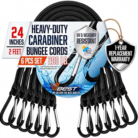 24 Inch Bungee Cords with Carabiner Hooks - 6Pcs Heavy Duty Outdoor