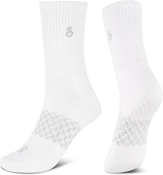 Non Slip Pilates Grip Socks Crew Length For Reformer, Mat, Barre, Yoga, Organic Cotton, White Medium, Anti Slip Crew Midcalf Gripper Long Socks