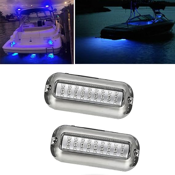2Pcs Blue Marine Boat LED Lights,27 LEDs Waterproof IP68 Stainless Steel Boat Deck Dock Lights,Pontoon Transom Yacht Trailer Stern Navigation Interior Lights,1200LM