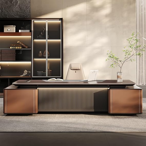 Brown Executive Office Desk,Wood L Shaped Computer Desk with Lateral Cabinet, Study Writing Table Business Furniture Set for CEO Boss