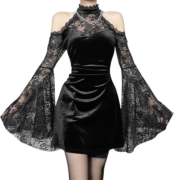 Goth Fairy Mini Dress Women Punk A Line Grunge Velvet Y2k Crew Neck Emo Lace
