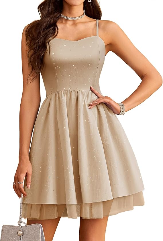 HomRain Sparkly Short Homecoming Dress Sequin Cocktail Prom Dress for Teens | Spaghetti Strap Fancy Short Dress with Soft Tulle, Skater Flowy Dress,Teens Dress for Celebrations/Gatherings/Birthday