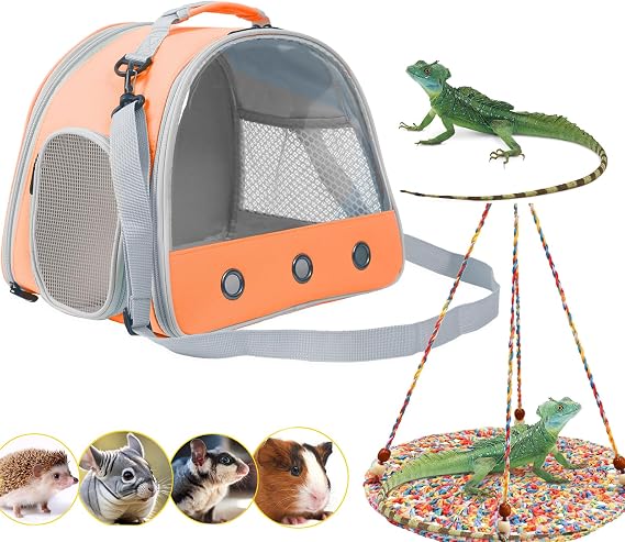 Bearded Dragon Travel Carrier Bag with Reptile Swing Bed Set for Guinea Pig Rat Rabbit,Portable Lizard Carrier Breathable Pet Carrier Bag with Clear Bubble Window